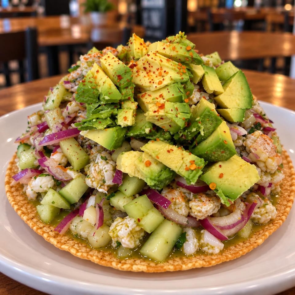 Shrimp tostada piled with cucumber, red onion, and avocado.