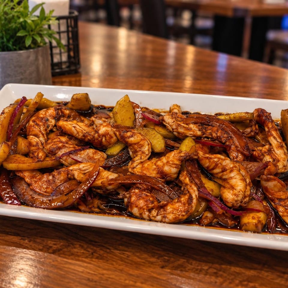 Shrimp with cucumber and red onion in dark sauce