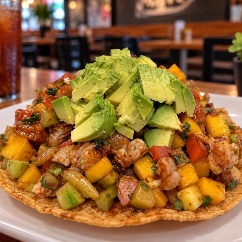 Shrimp tostada with mango, cucumber, and avocado.