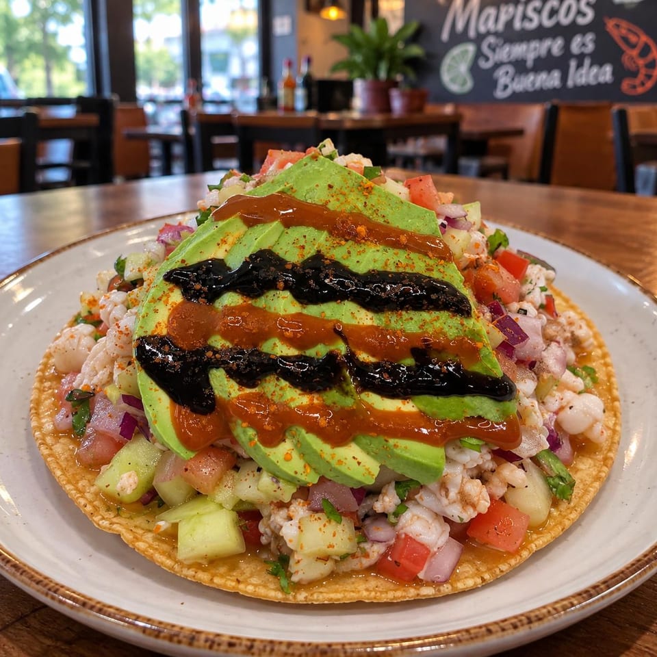Seafood tostada with tomato, cucumber, and sliced avocado drizzled with sauces.