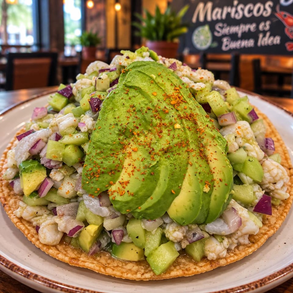 Seafood tostada topped with sliced avocado, cucumber, and red onion.
