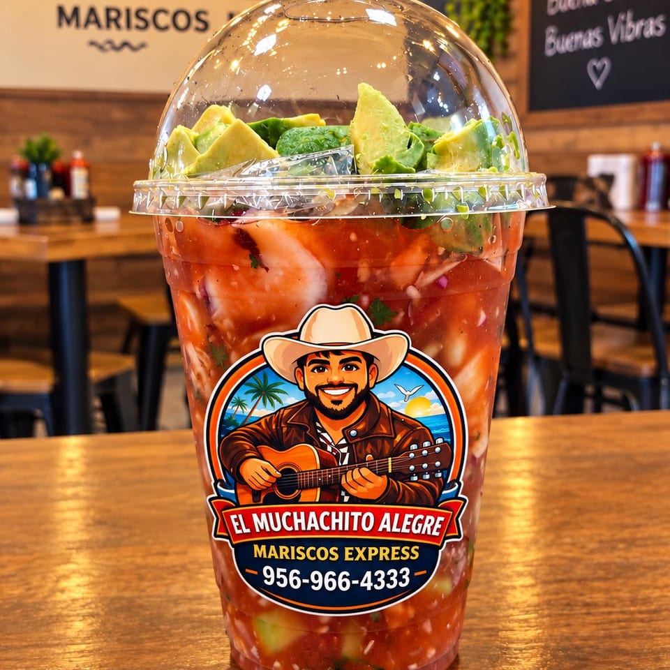 Shrimp cocktail topped with avocado in an El Muchachito Alegre takeaway cup.