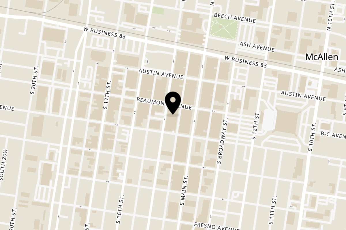 Map showing the location of El Muchachito Alegre Mariscos Express on 221 S 15th St Ste B1 in McAllen